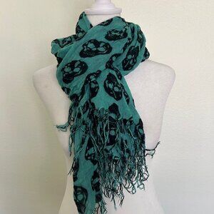 Pashmina Cashmere Silk Blend Scarf Teal Black Skull Fringe Soft Wrap Tassel Hem